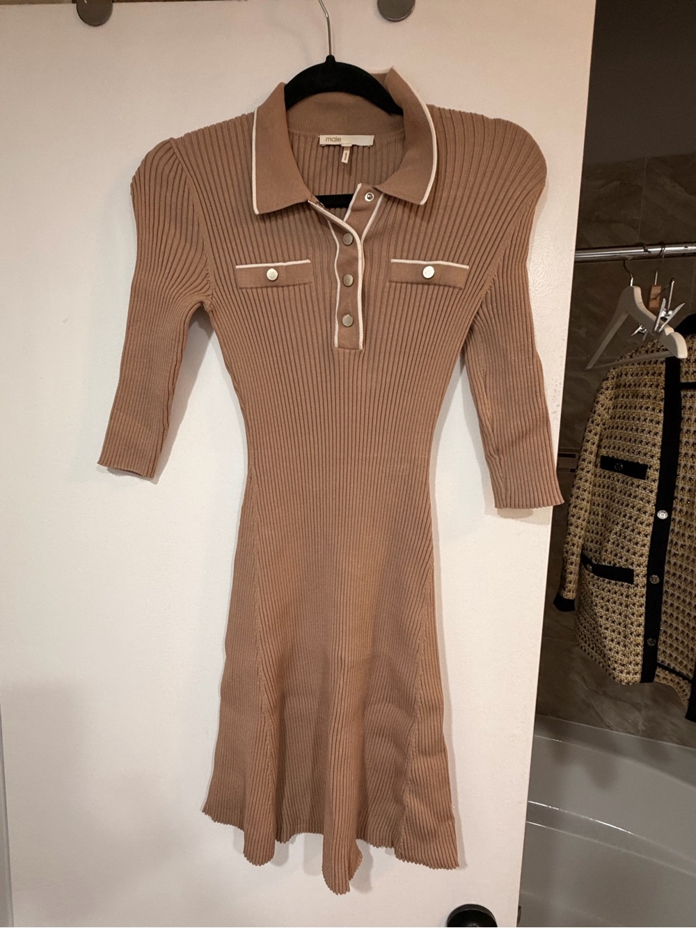 Maje Ribbed Polo Knit Midi Dress - Camel with Cream Trim